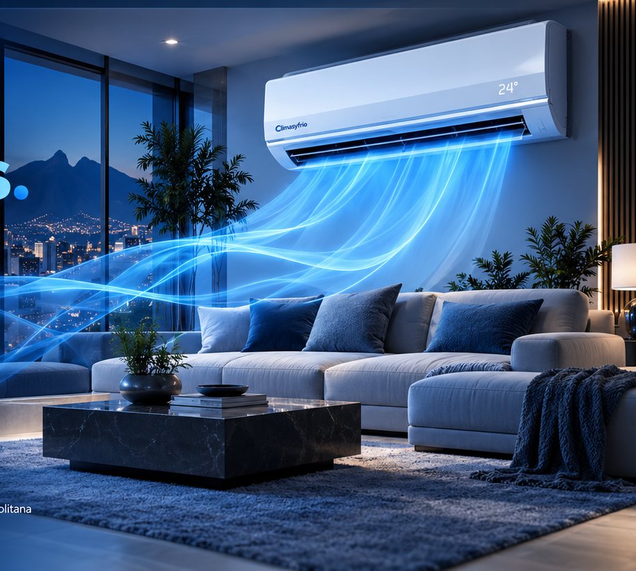 Minisplit encendido sobre una sala en Monterrey; el aire frío se representa como flujo azul